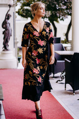 Bonny Wrap Dress - Mystery Gardenia Print Midnight Rose