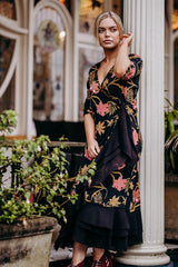 Bonny Wrap Dress - Mystery Gardenia Print Midnight Rose