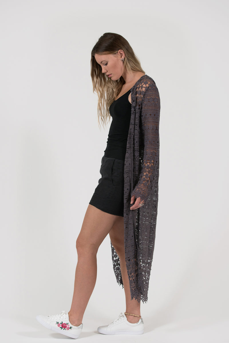 Quinns crochet lace over-dyed long cardigan dressy easy stylish charcoal