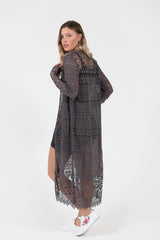 Quinns crochet lace over-dyed long cardigan dressy easy stylish charcoal